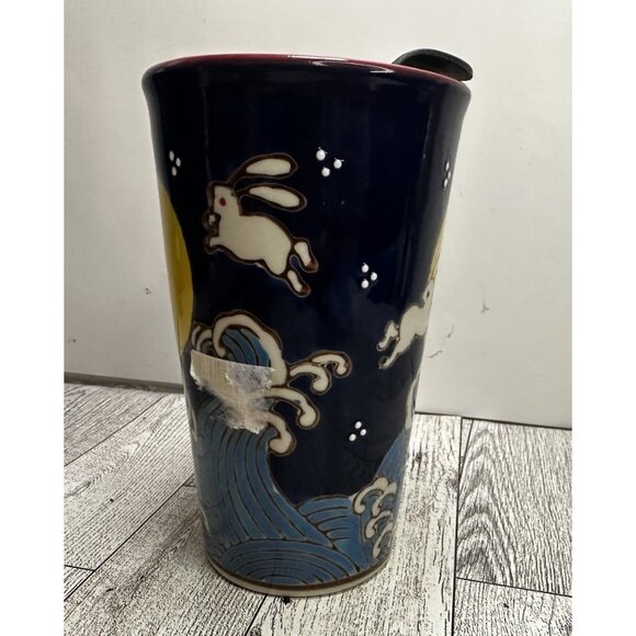 6" Tall Ceramic Travel Mug "Bunny Wave" 16 Oz. Bunnies Jumping over the Moon NEW - Picture 3 of 10